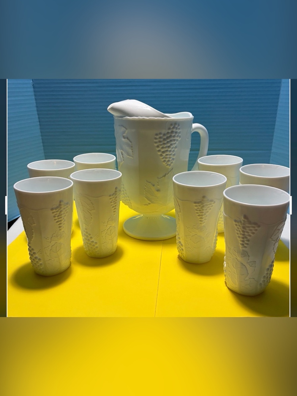 White Milk Glass Grape Pattern Pitcher + 8 Tumblers Set Decorative 9in